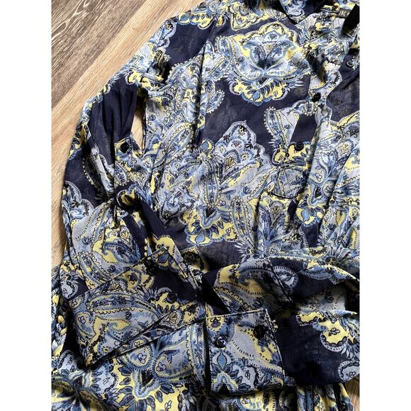 Y2K 90s Sheer Mesh Sash Fairy Blouse Boho Silky Coquette Slouchy Blue Hippie 1X - Picture 4 of 7